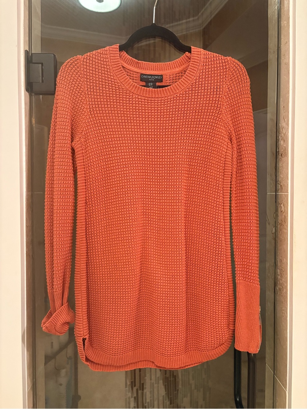 Cynthia Rowley Bright Orange Waffle-Knit Crew Sweater